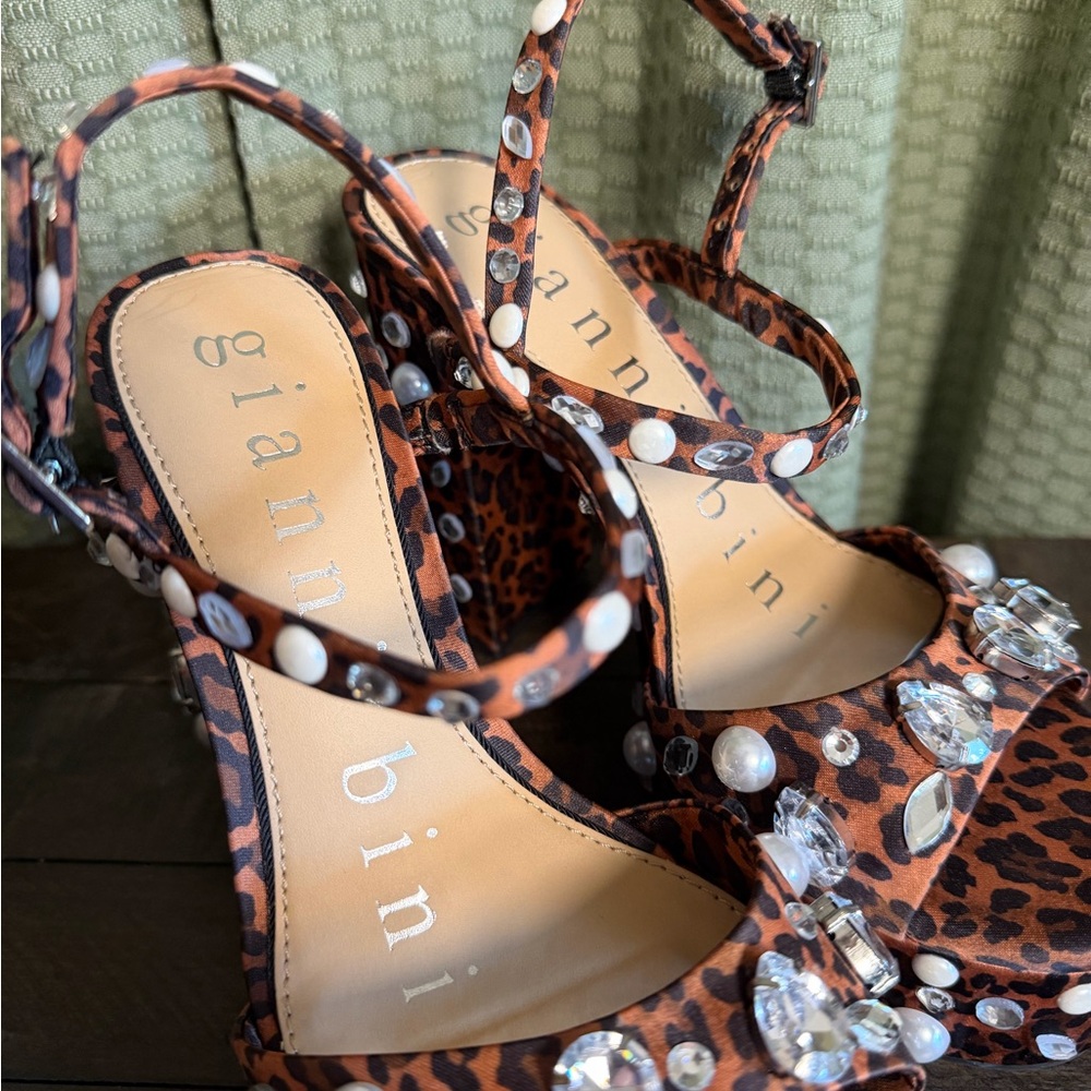 Gianni Bini Leopard Print Embellished Platform Heel Sandals - Brown - Picture 3 of 5